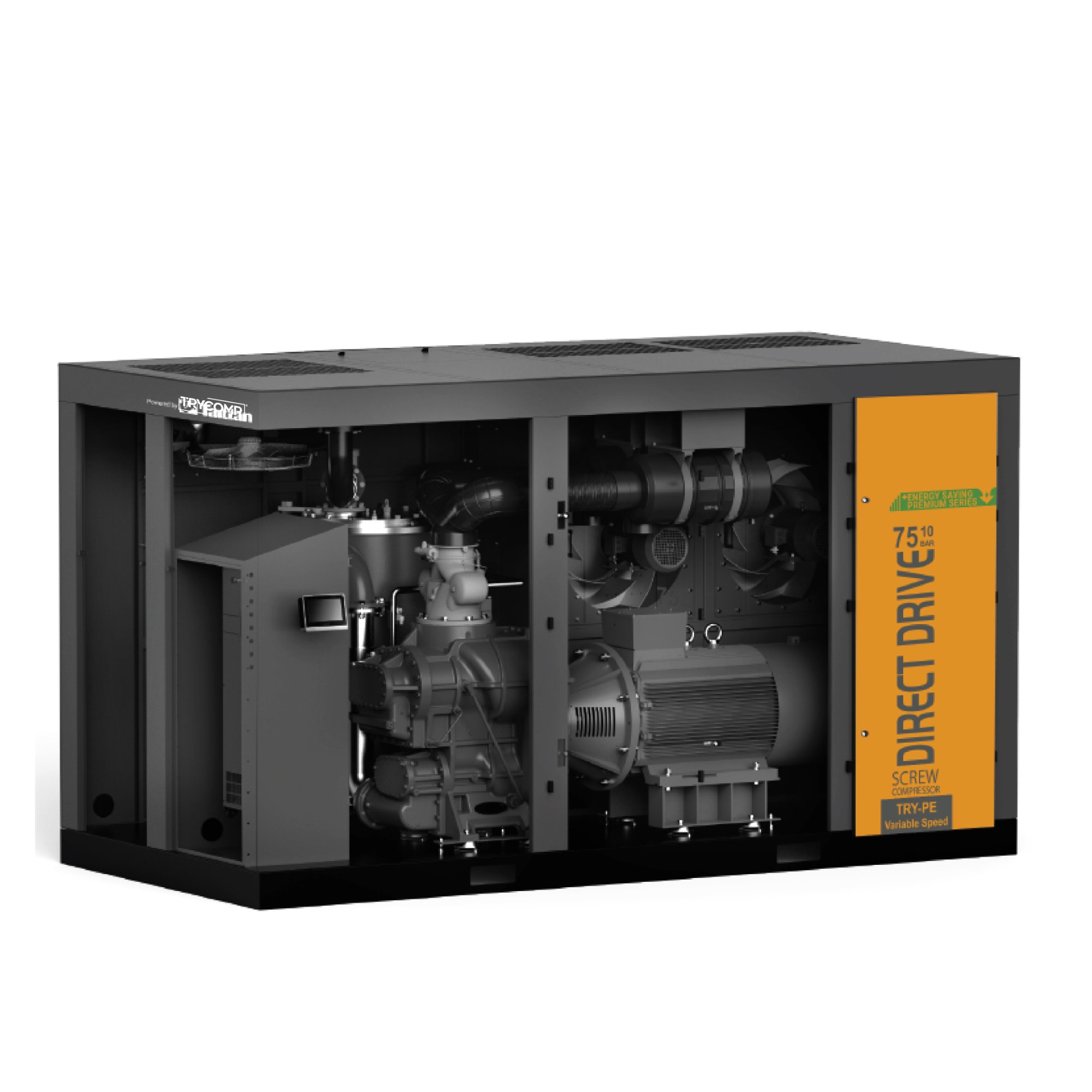 Trycomp 75 kW direct drive screw compressor internal view — quality engineering